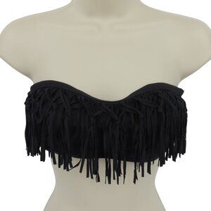 L Space Women Medium Solid Black Fringe Strapless Bandeau Bikini Top Tie Back
